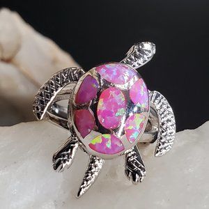 Solid Sterling Silver 925 Ring Opal Stone Turtle Animal Unique Jewelry